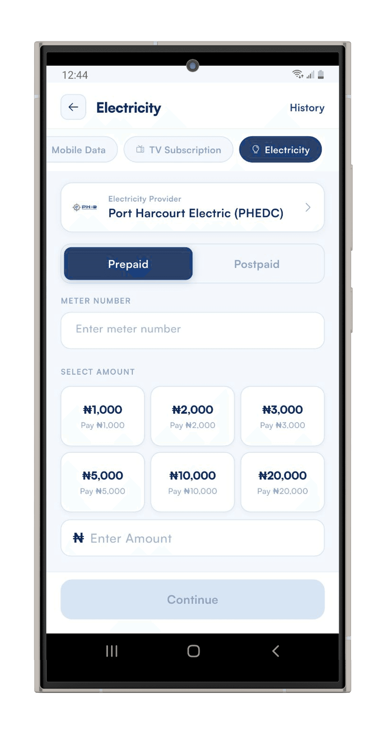 PPAY airtime and data screen