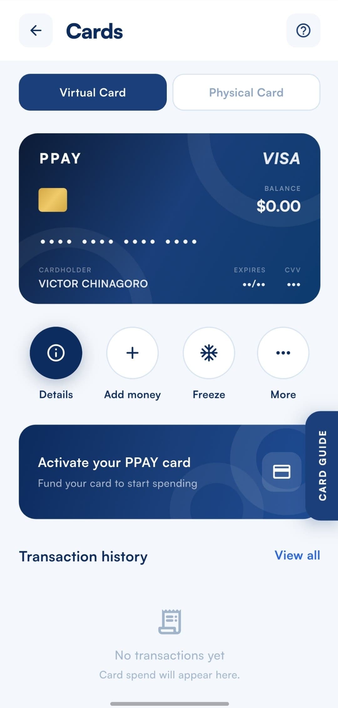 PPAY card screen